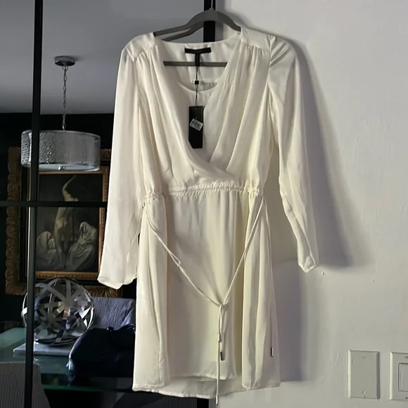 bcbg dress beige Beige Beaded Trim Boucle Midi Dress with 3/4 Sleeves